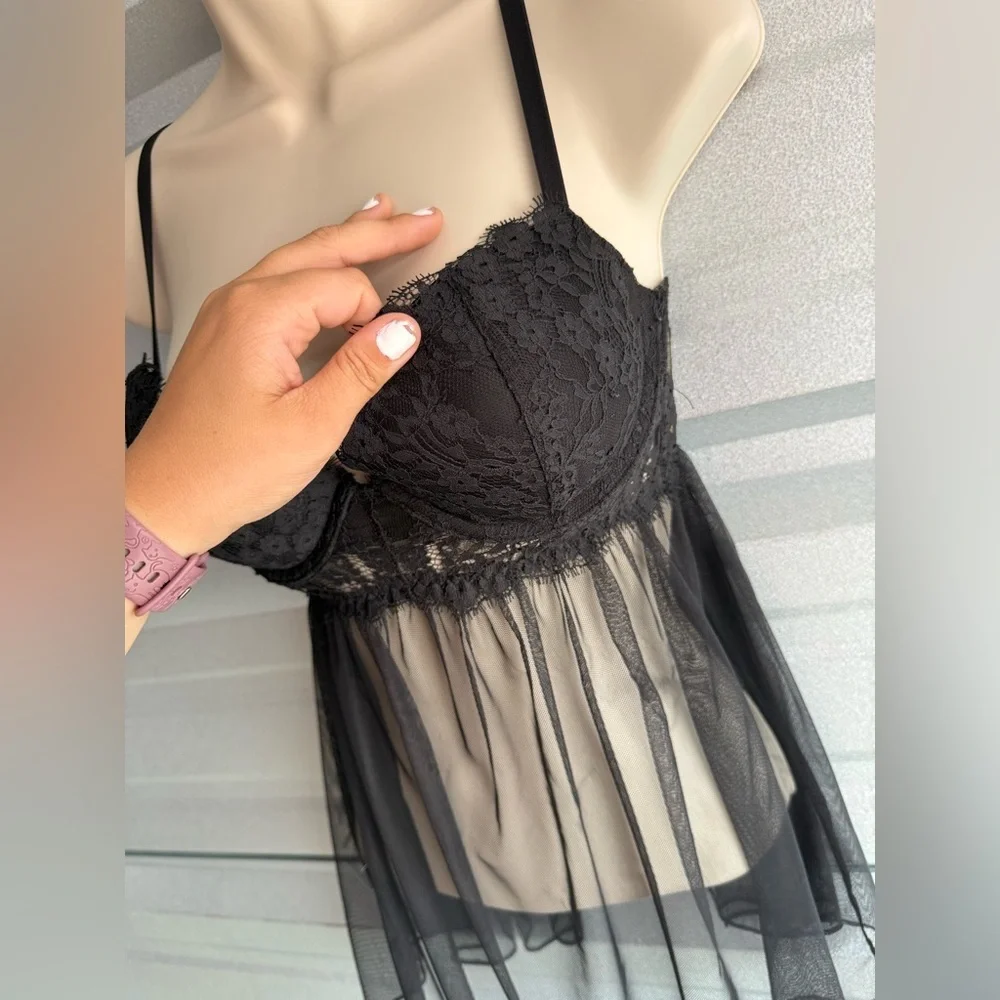 Women’s Victoria’s Secret Sexy Black Lace Lingerie Babydoll Sheer Top Size 34C - Picture 3 of 8